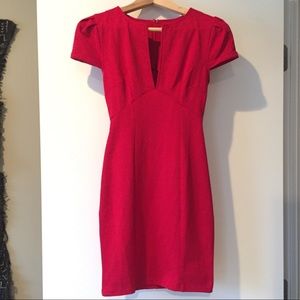 Red Tobi cap-sleeve, deep v mini dress
